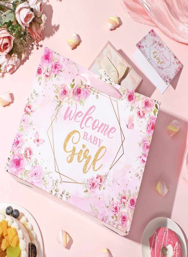 Woosytoo Welcome Baby Girl Gift Bag Pink Floral Wrapping Bag with Greeting Card and Tissue Paper Gender Reveal Baby Girl Treat Candy Bag for Baby Shower Gender Reveal Birthday Party Supplies - Image 5